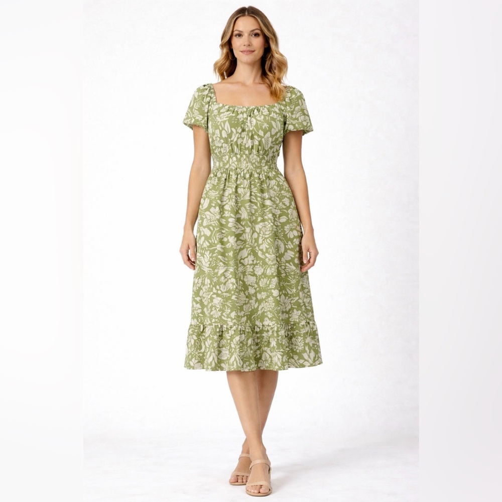AZ Green Floral Dress Elastic Waist Puff Sleeves NWT women’s Size S/M(E28)✨